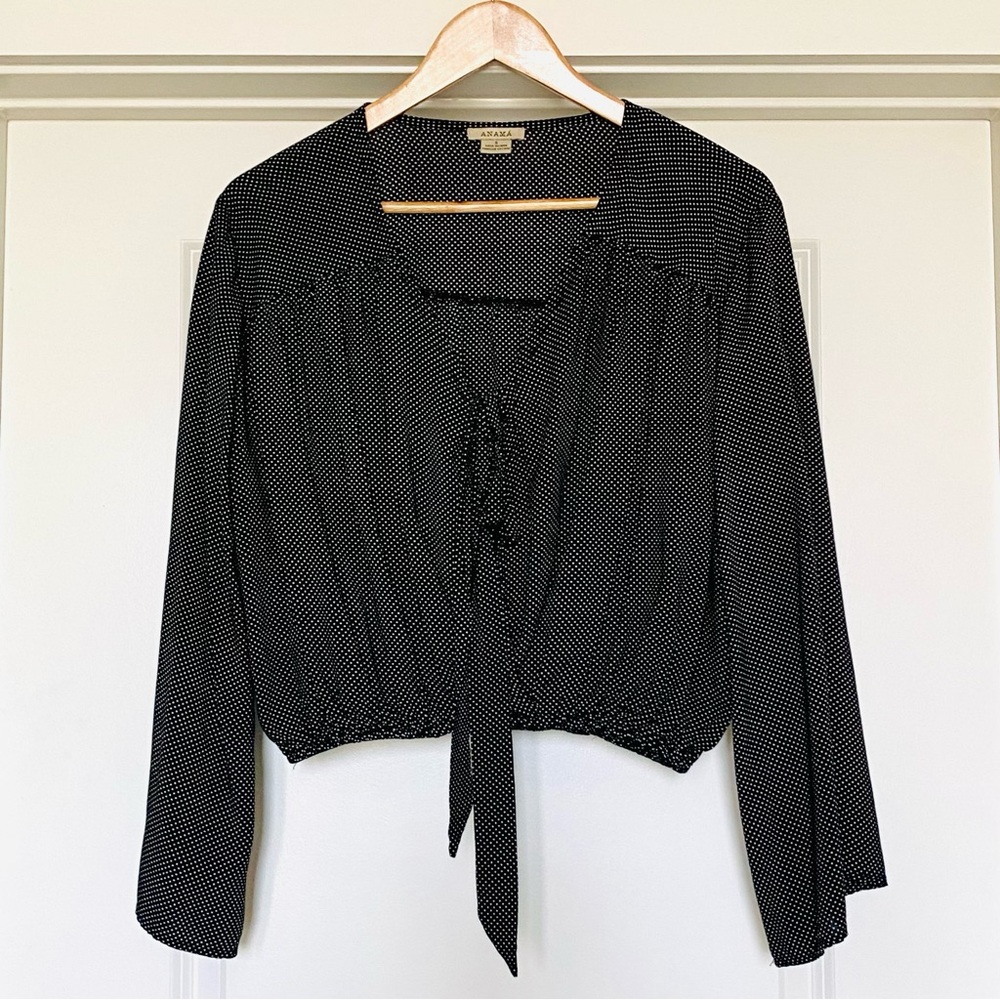 Anama Womens Long Sleeve Black White Dots V-Neck Cropped Blouse Front Tie Size S